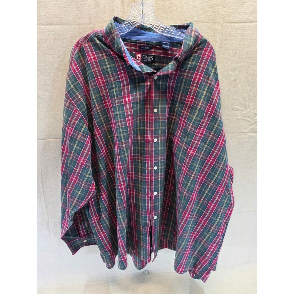 Chaps Mens Plaid Button Down Shirt Red Green Long Sleeve Easy Care 5XB 5TF